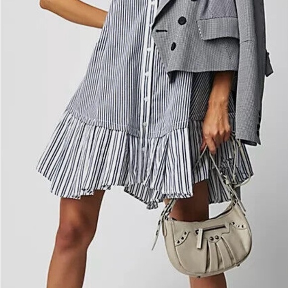 Free People Be Real Mini Dress Medium Striped Blue/White Ruffle 100% Cotton - Picture 3 of 14